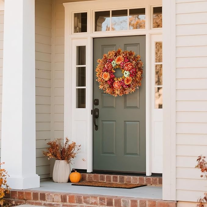 26" Fall Wreath for Front Door - Large Artificial Maple Leaves Fake Silk Peony Faux Pumpkin Outdoor Wreath for Porch, Window,Farmhouse,Home,Thanksgiving Day Harvest Festival Autumn Decor