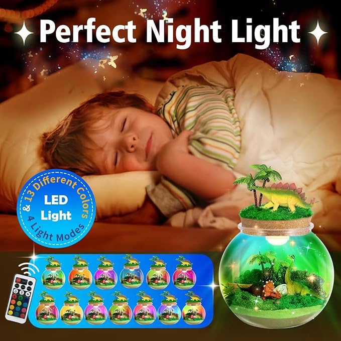 Dinosaur Light-Up Terrarium Kit for Kids- Birthday Gifts for Boys Ages 4 5 6 7 8-12 Year Old- Dinosaur Toys for Boys with Multicolor LED Light & Remote