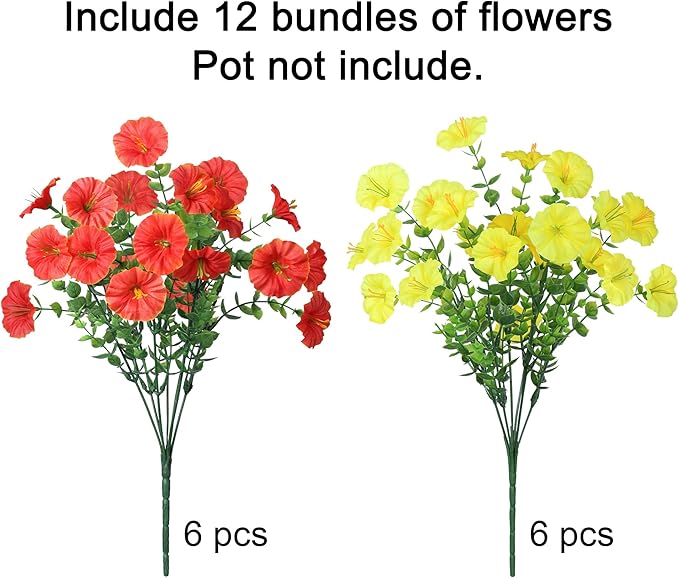 Artificial Mums for Outdoors Fake Fall Flowers Plants for Autumn Decoration, 12 Bundles Silk Morning Glory with Eucalyptus Look Real UV Resistant Faux Mums for Outside Planters Yard Patio Porch, Mix