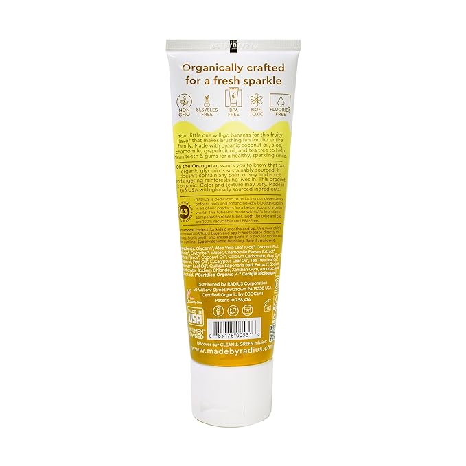 RADIUS USDA Organic Kids Toothpaste 3oz Non Toxic Chemical-Free Gluten-Free Designed to Improve Gum Health for Children's 6 Months and Up - Coconut Banana - Pack of 6