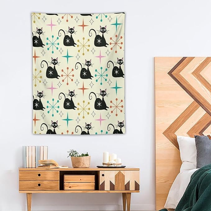 ICMOLYYENLO Abstract Cat Tapestry, Medieval Abstract Atomic Star Cat Vintage Home Wall Hanging Art Tapestry for Bedroom Living Room Dormitory 40x60 Inch
