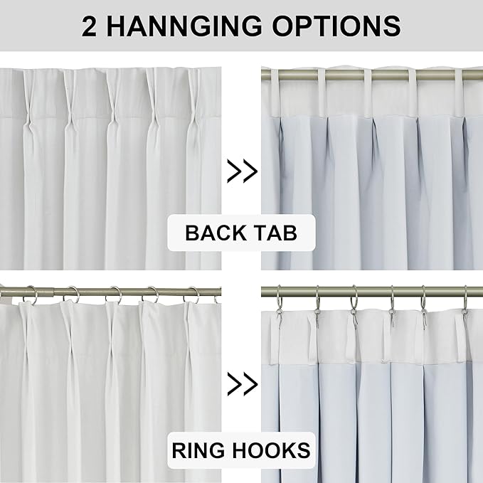 Vision Home White Pinch Pleated Full Blackout Curtains Thermal Insulated Window Curtains 102 inch for Living Room Bedroom Room Darkening Pinch Pleat Drapes with Hooks Back Tab 2 Panel 102" Lx40 W