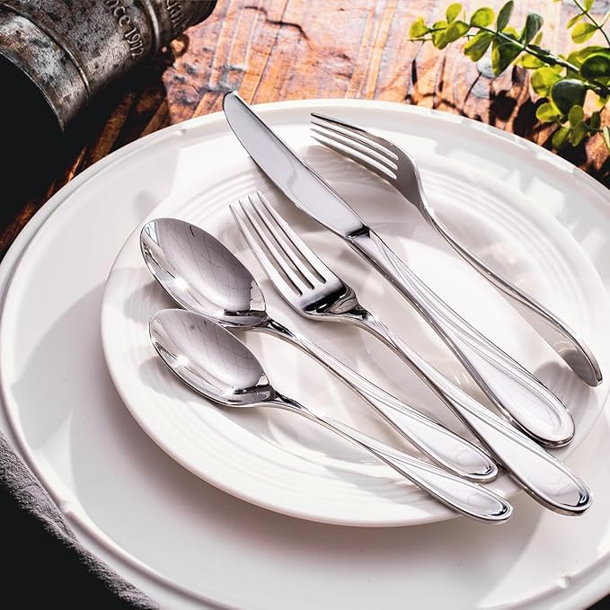 HIKAA Wave Design Silverware Set Service for 12, 60-Piece Artistic Stainless Steel Flatware Set with Fibonacci Pattern, Heavy Duty Mirror Polished Cutlery Set