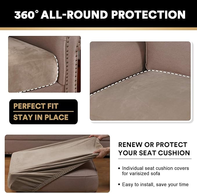 PrinceDeco Velvet Sofa Cushion Covers, Stretch Couch Cushion Covers for Individual Seat Couch Slipcover Sets Furniture Protector for Loveseat Sofa Cushion Width Up to 29.5", Taupe