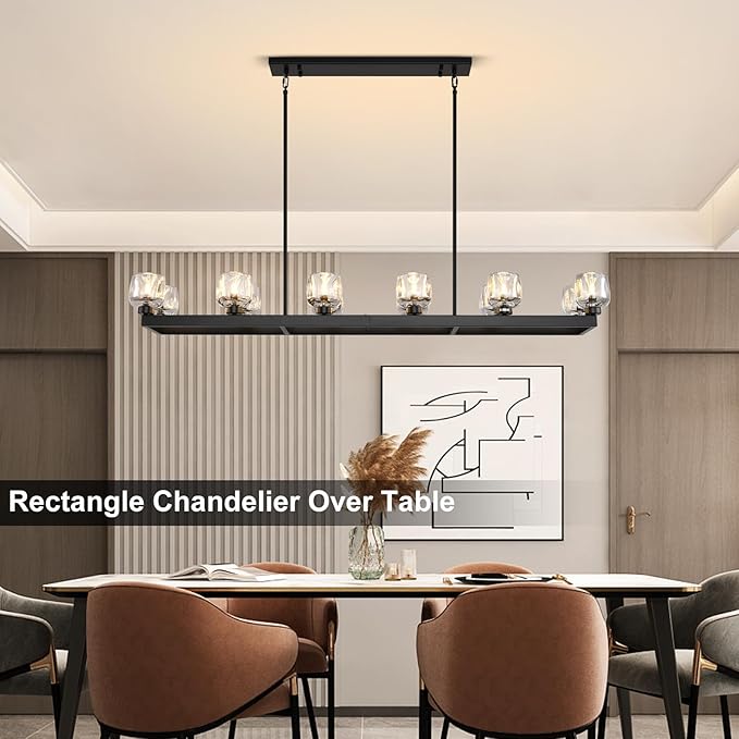 59 Inch Black Rectangle Wagon Wheel Chandeliers, Black Chandelier for Dining Room Over Table, Modern Crystal Long Chandelier, Farmhouse Large Linear Chandeliers for Kitchen Island