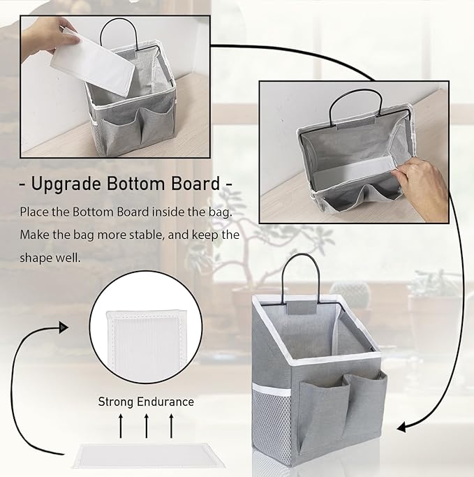 3pcs Small Wall Hanging Organizer Bag, Linen Fabric Door Hanging Storage Basket with Pockets, Waterproof Bin for Kitchen, Bedroom, Office, RV Camper (Gray)