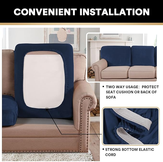 PrinceDeco Velvet Couch Cushion Covers 3 Pieces Velvet Separate Couch Cover Stretch Sofa Slipcover Washable Furniture Protector for Sectional Sofa(Each Width Up to 40", Navy)