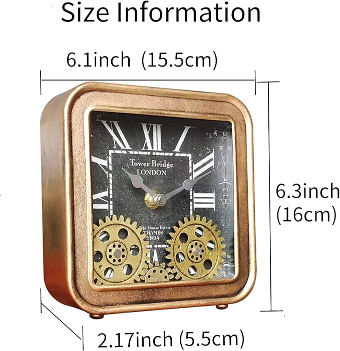 Desk Clock Vintage Metal Table Clocks with Moving Gears, Silent Retro Industrial Steampunk Quartz Small 6 inch End Table Clock for Home Office Living Room Decor Battery Operated (Gold)