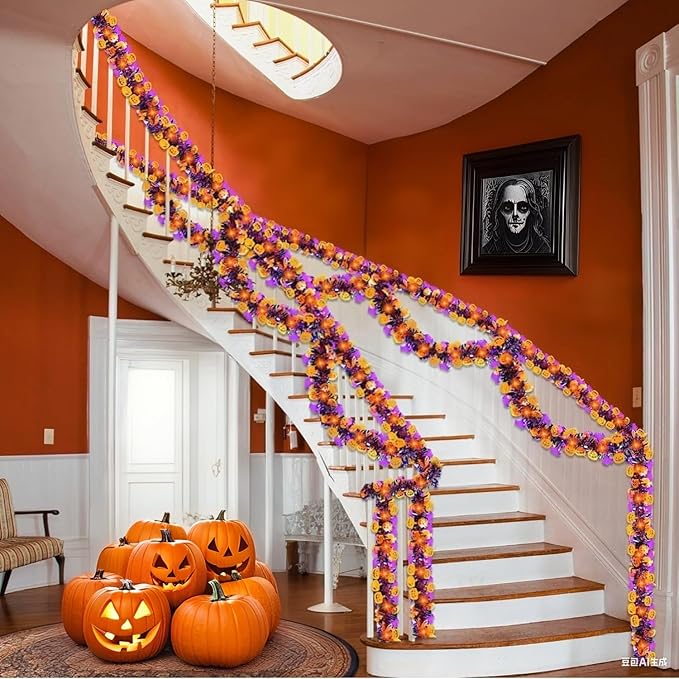 50 Ft Halloween Tinsel Garlands,Funny Pumpkin Purple Bats Shiny Metallic Twist Foil Tinsel Garland Hanging Holiday Decorations for Home Indoor Outdoor Festivities Party Decor