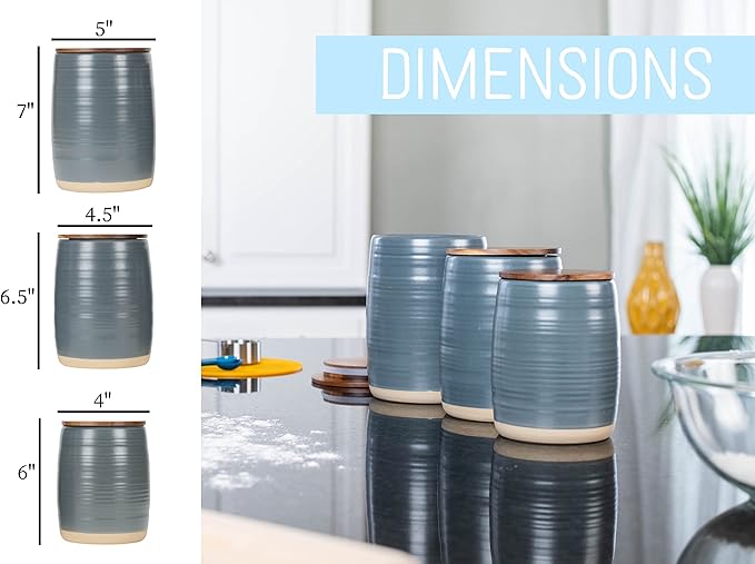 Nat & Jules Lidded Grey 6 inch Ceramic and Wood Kitchen Canisters Set of 3