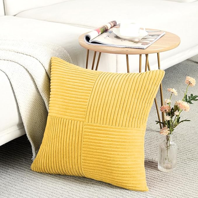 Fancy Homi 2 Packs Yellow Euro Decorative Throw Pillow Covers 26x26 Inch for Couch Bed Sofa, Rustic Farmhouse Boho Home Decor, Soft Corss Corduroy Patchwork Textured Square Cushion Case 66x66 cm