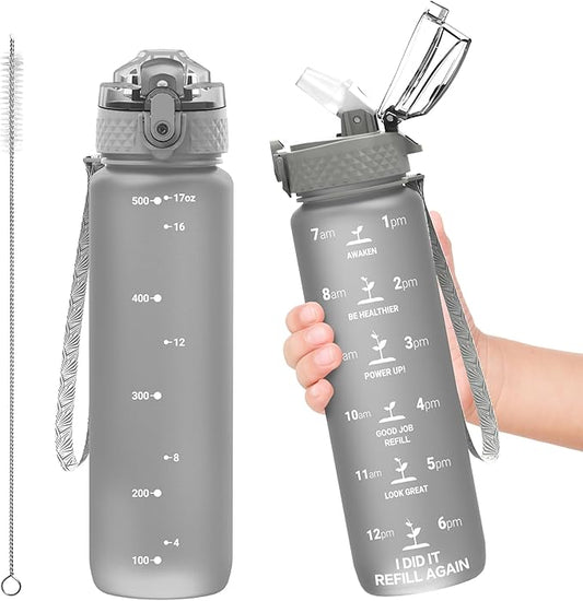 OLDLEY Kids Water Bottle for School, 17 oz (Straw Lid) BPA-Free Reusable Leak-proof Durable Tritan Plastic Water Bottles with One-handed Opening Straw Lids, Anti-dust Spout Cover (Grey)