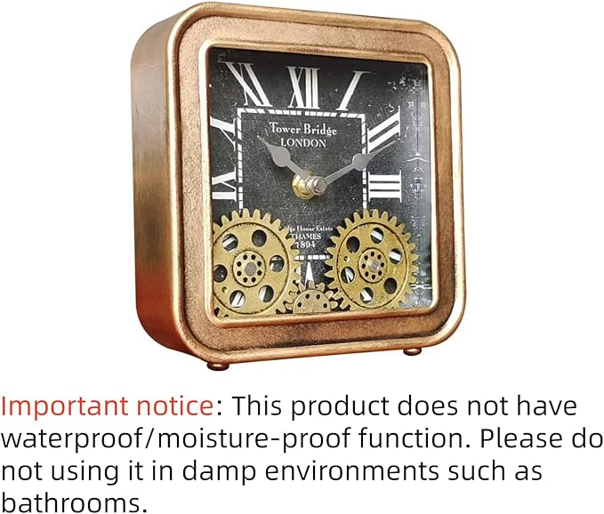 Desk Clock Vintage Metal Table Clocks with Moving Gears, Silent Retro Industrial Steampunk Quartz Small 6 inch End Table Clock for Home Office Living Room Decor Battery Operated (Gold)