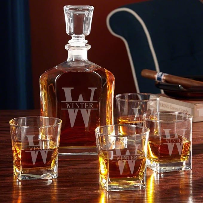 Custom Whiskey Decanter and Whiskey Glasses Set in Handcrafted Box