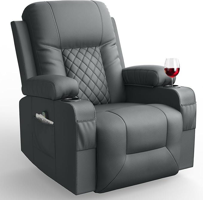 Recliner Chairs for Adults, Massage Rocker with Heated Modern Ergonomic Lounge 360 Degree Swivel Single Sofa Seat Living Room Lounge Recliners Gray