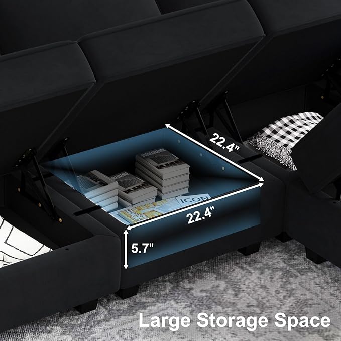 Belffin Modular Sectional Sofa with Storage Seats Velvet L Shaped Corner Couch Convertible Sectional Sofa with Chaise Black