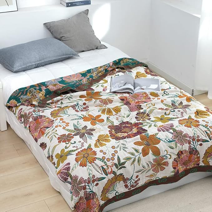 Boho Throw Blanket for Bed 80”x90”, 100% Cotton Woven Blanket for Couch Sofa, Ultra Soft 4-Layer Muslin Quilt with Vintage Floral Printed, Farmhouse Bed Blanket/Cover for Living Room Decor