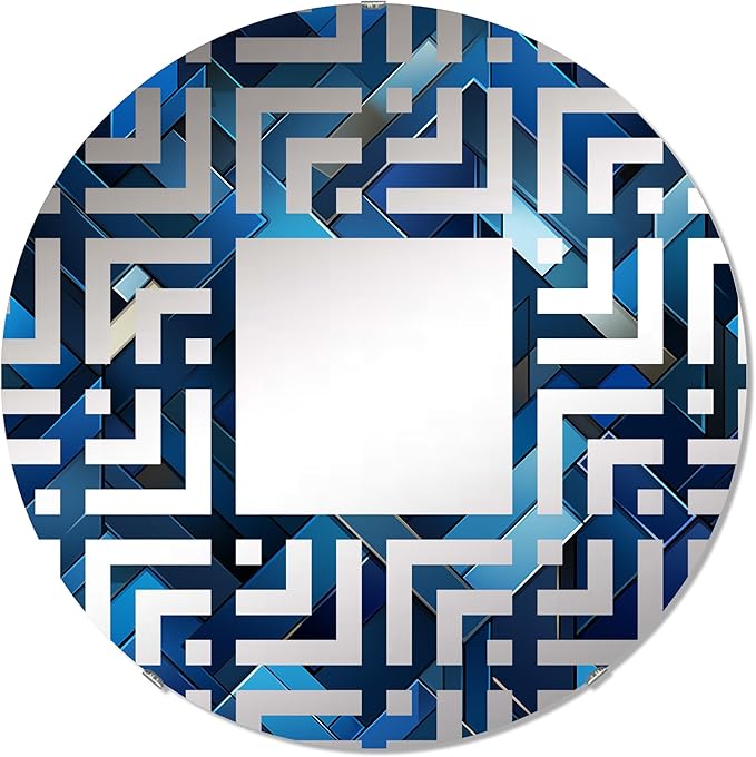 Symmetric Cubes in Deep Cobalt Blue - Geometric Maze - 32 Inches - Round Decorative Wall Mirror for Bathroom, Bedroom, Entryway, Living Room, Vanity Room and Modern Décor