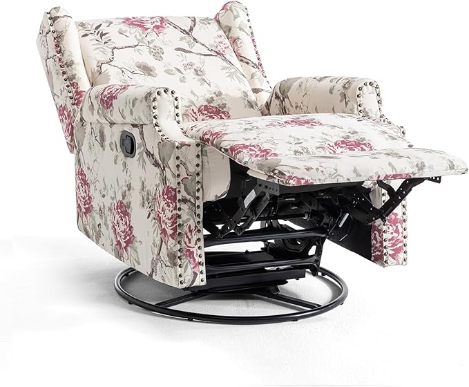 UIXE Swivel Rocker Manual Recliner Chairs Set of 2, Wingback Swivel Glider Fabric Nursery Reclining Sofa Chair, High Back Upholstered Arm Chair for Living Room Bedroom - Beige Floral