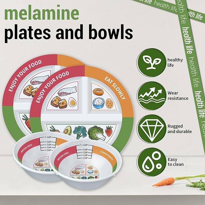 4 Pcs Portion Control Plates & Bowls Set (9 Inch), Self-Measuring for Weight Loss, Gastric Bypass, LapBand, Diabetes, & Healthy Diets, Divided Nutrition Plates for Adults & Children