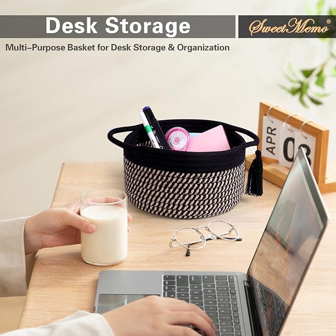 Decorative Small Gift Basket Empty – SweetMemo Cute Woven Rope Organizer Baskets for Desk, Bedside, Bathroom, Key, Round Boho Decor Cotton Bin with tassel, Gift Bag, Ribbon – Rustic Black Brown