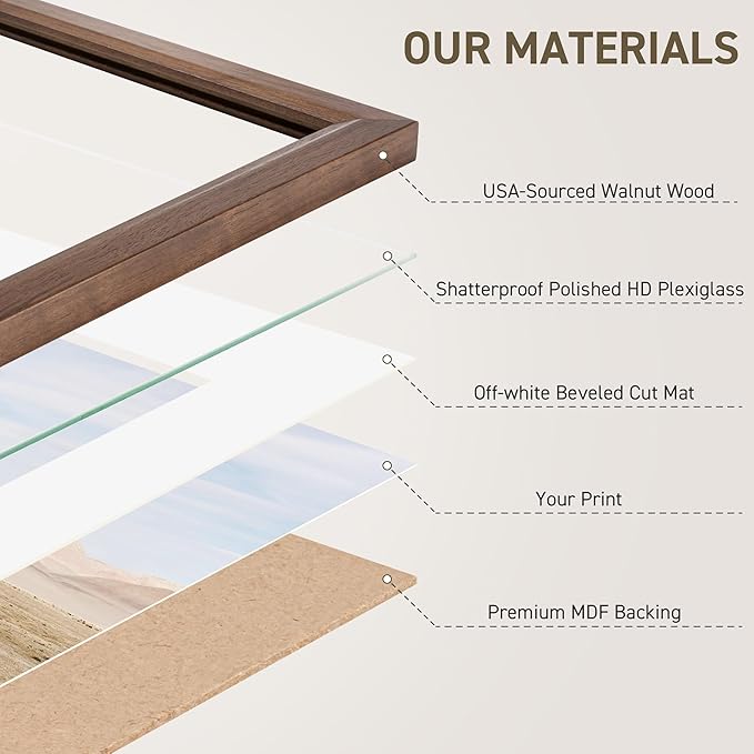 16x16 Picture Frame Natural Solid Walnut Photo Frames with 12x12 Removable Mat Wall Hanging Large Handcrafted Frame with HD Plexiglass Wall and Tabletop Display Large Poster Frame