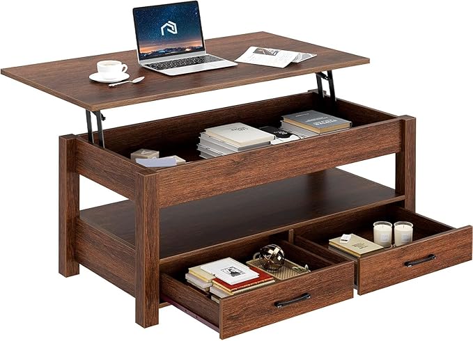 Rolanstar Coffee Table, Lift Top Coffee Table with Drawers and Hidden Compartment, Retro Central Table with Wooden Lift Tabletop, for Living Room,Espresso