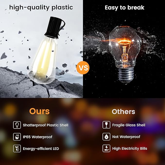OHLUX 120FT Solar String Lights Outdoor with Remote, 2200K Soft Warm Patio Lights with 52 Shatterproof ST38 Tear-Drop LED Filament Bulbs, Dimmable Outside Edison Hanging Light for Backyard Deck Roof
