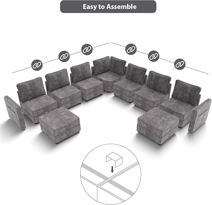 mestyl Modular Sectional Sofa Convertible L Shaped Sofa Couch Set with Storage for Living Room, Modern 3 Seater Modular Sectional Couch with Movable Ottoman (Grey)