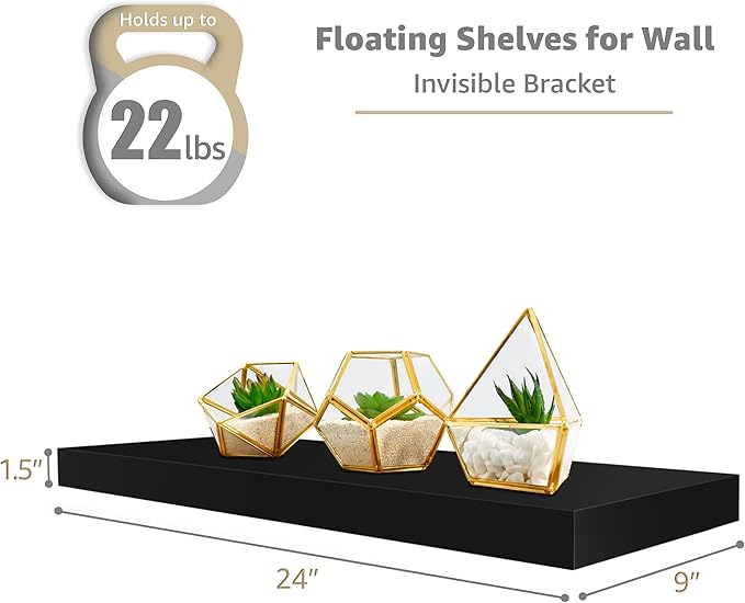 Sorbus Floating Shelves for Wall - 24" Bathroom Shelves, Wall Decor for Bedroom, Kitchen, Living Room, Home Decor & Book Storage - Mounted Floating Shelf with Invisible Brackets (Black, 3 Pack)