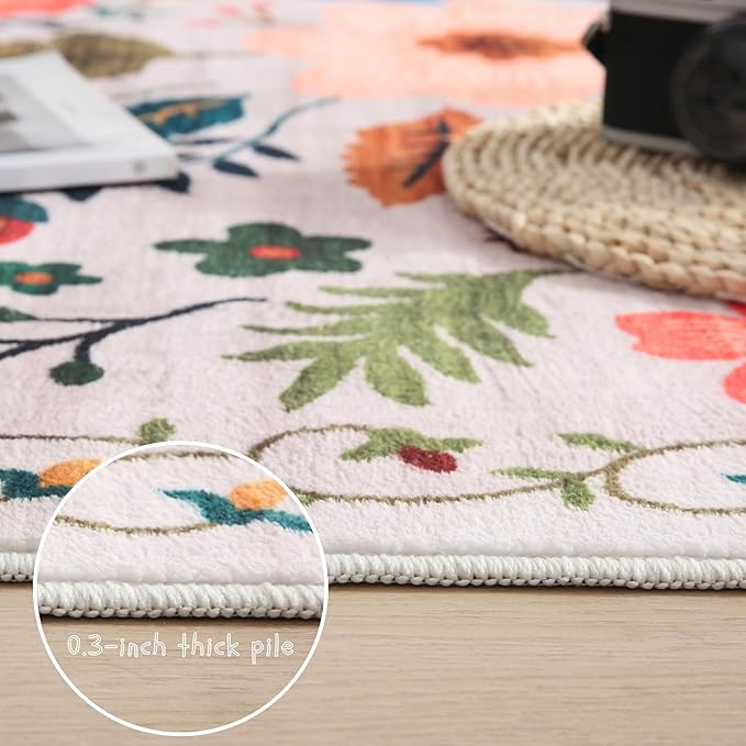Area Rugs 9x12 Living Room Clearance Washable Boho Rug Non Slip Floral Vintage Low Pile Large Rug for Living Room, Bedroom, Farmhouse, Dining Room, Kids Playroom(Beige)
