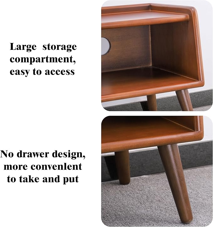 Small Nightstand, 100% Solid Oak Wood Bedside Table, Mid Century Modern Nightstand with Open Storage,Storage Cabinet for Bedroom (2pc Walnut Color)