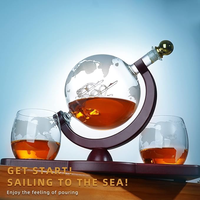 Gifts for Men Dad Husband from Wife Daughter Son, Unique Christmas Anniversary Birthday Gifts for Him, Whiskey Decanter Globe Set with 2 Glasses, Bourbon Scotch Liquor Cool Stocking Stuffers Presents