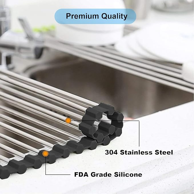 Searik Dish Drying Rack Roll Up Sink Drying Rack, Over The Sink Dish Rack Multi-Use Stainless Steel Dish Drainers Heat Resistant Mat for Drying Draining Trivet (17.7"x13.8")