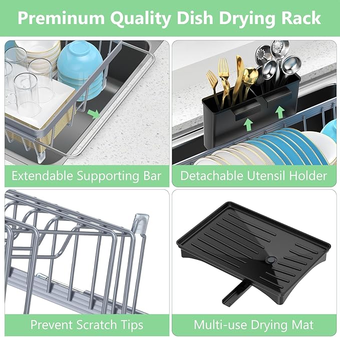 LEMIKKLE Expandable Dish Drying Rack- Space-Saving Dish Rack, Dish Drainers for Kitchen Counter with a Cutlery Holder, Over The Sink Dish Racks Fit for 14’’-19’’ Kitchen Sink Grey