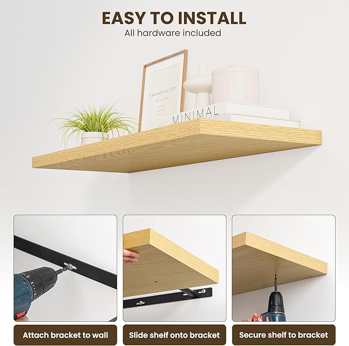 55" Floating Shelves for Wall, 12" Deep Slim Oak Floating Shelves, Wall-Mounted Shelves for Bedroom, Living Room, Kitchen, Bathroom - Set of 2