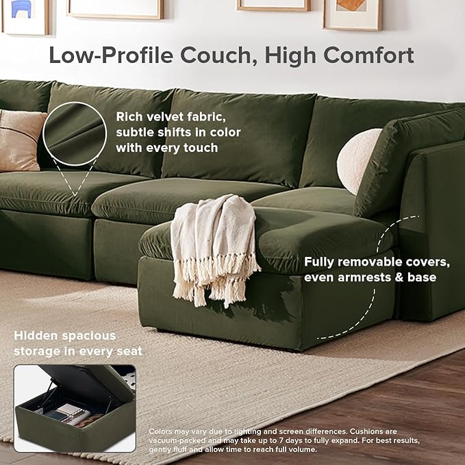 mopio Oversized Modular Sectional Sofa with Fully Removable Covers and Storage, Convertible U, L-Shaped and Sleeper Sectional, Modern Couches with Ottoman Chaise (Olive Green Velvet, Loveseat)