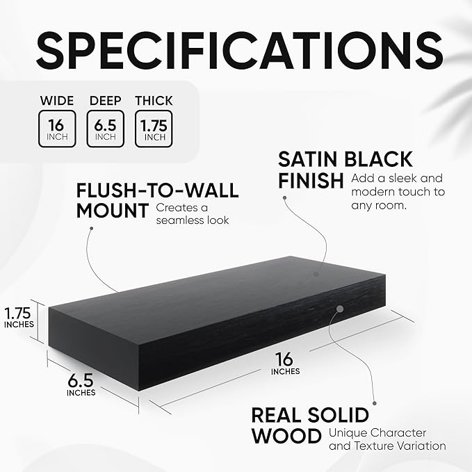 Homeforia 16 inch Black Floating Shelves, High End Solid Real Wood 16inch Bathroom Floating Shelves for Wall Mounted, 16in Wooden Small Floating Shelf, Heavy Duty Bracket, 16 X 6.5 X 1.75 in, Set of 4