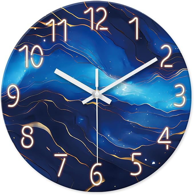 Glass Wall Clocks Battery Operated 14 Inch Modern Abstract Wall Clock for Bedroom Blue Wall Clock Silent Non Ticking