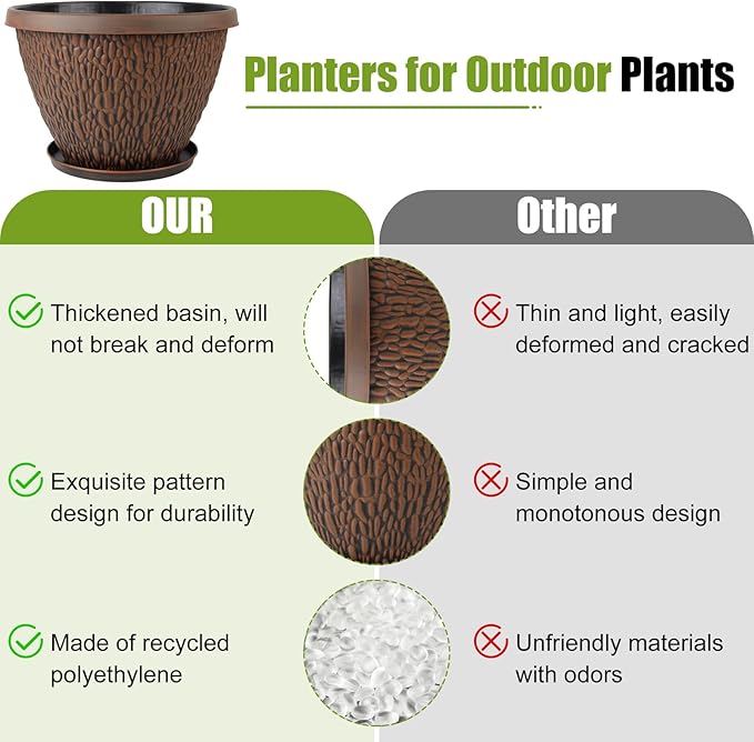 4 Pack 12 Inch Pots for Plants, Plastic Outdoor Flower Pots with Drainage Hole & Tray, Large Planters for Garden Porch Home Indoor Outdoor Decor - Pebbles Pattern Design Plant Pots