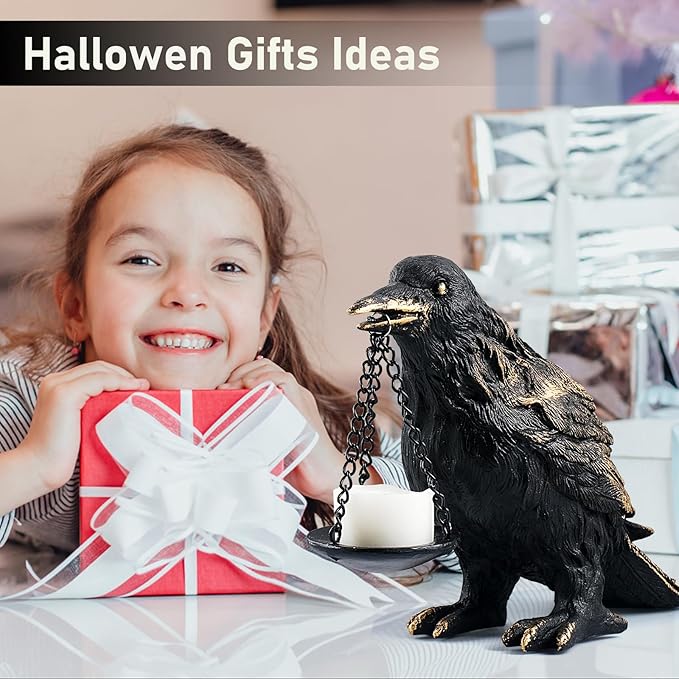 Raven Gothic Home Decor Fake Crow Light Holder Raven Lamp Tealight Candle Holder Resin Raven Statue Wearing Gold