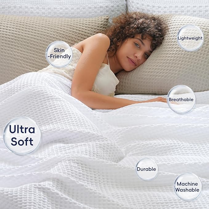 PHF Ultra Soft Waffle Weave Blanket Twin Size 66"x 90"- Washed Lightweight Breathable Cozy Woven Blanket for Bed - Aesthetic Decor for Couch Bedding Sofa Home Car - White