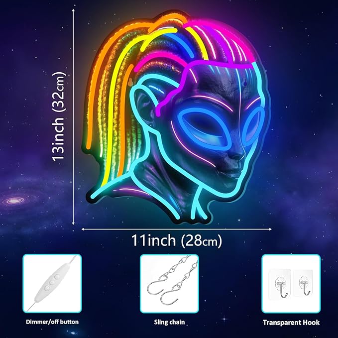 Dreadlocks Alien Neon Sign, E.T Neon Signs for Wall Decor, for Man Cave Game Room Teens Boy Room Decor, Gift for Teens Kids E.T Fans UFO Fans, Dimmable Decoration USB Powered with Switch