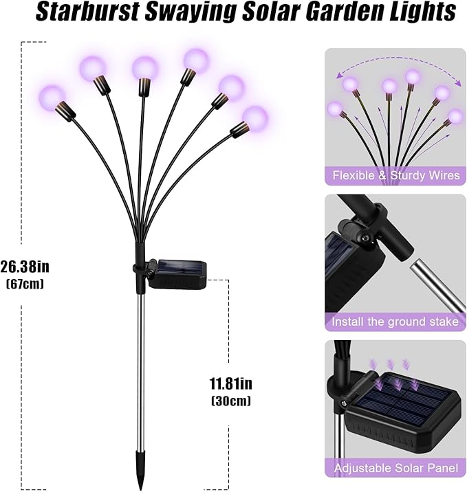 Solar Lights Outdoor Garden Purple – 36 LEDs Solar Firefly Lights, Purple Swaying Lights Outdoor Waterproof, 6 Pack 6 Heads Garden Decorative for Yard Patio Pathway Lawn Decorations