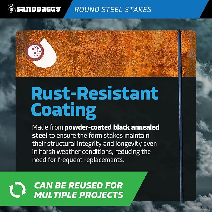 Sandbaggy Round Steel Concrete Form Stakes with Nail Holes - Rust Resistant Coating - Removable, Reusable (200, 3/4 in X 36 in)