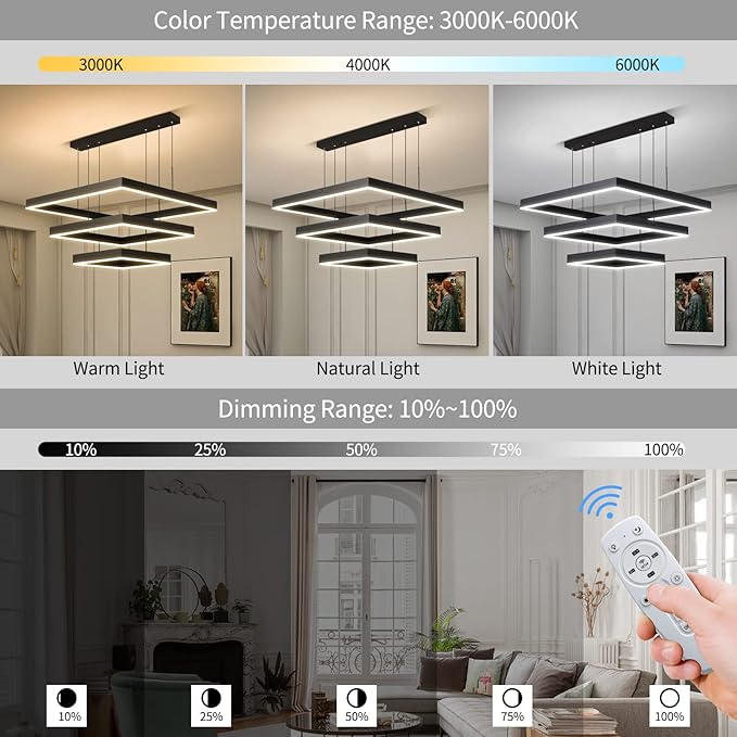 Modern LED Square Chandelier, 3 Ring Dimmable for Living, Dining, Bedroom & Foyer - High Ceiling Hanging LED Pendant Light Fixture (Black)