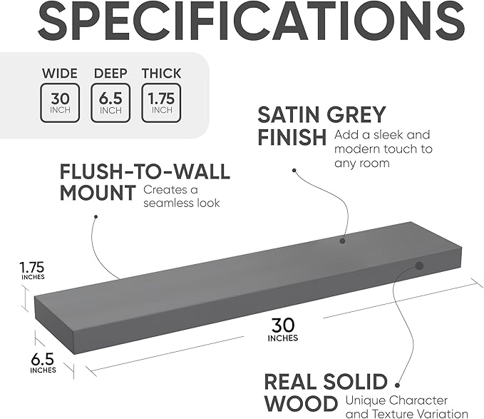 Homeforia Gray Floating Shelves for Wall, Premium Solid Wood Grey Shelf, Grey Bathroom Shelves, Heavy Duty Bracket, 30 x 6.5 x 1.75 inch, Set of 2