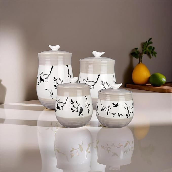 Young's Inc. 4 Pcs Set Botanical Ceramic Canisters- Storage Container for Kitchen and Bathroom - Beautiful Home Decor Accent to Store Food, Coffee, Tea, and More - Brown, White