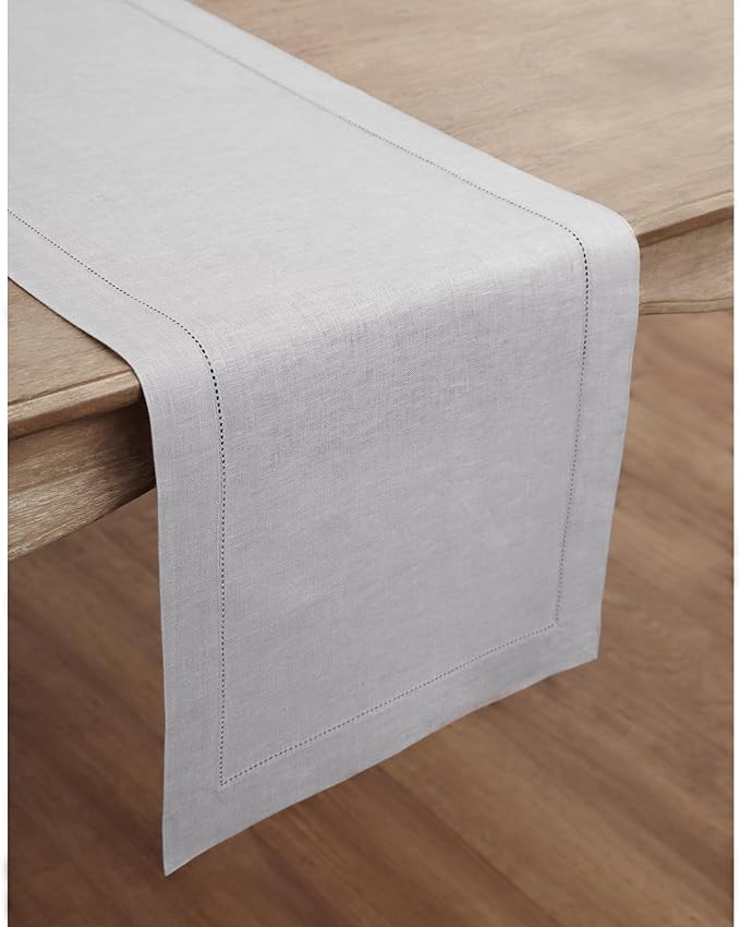 Solino Home Linen Soft Grey Table Runner 60 Inches - Classic Hemstitch, 100% Pure Linen Coffee Table Runner 14 x 60 Inch Ideal for Dresser Tables - Fall, Autumn, Halloween, Thanksgiving
