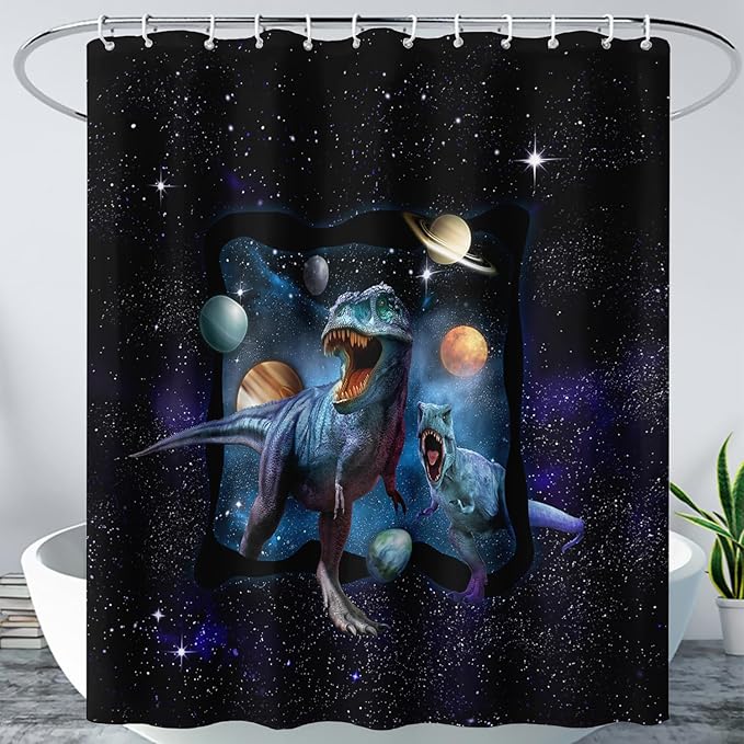 AILONEN Boys Dinosaur Shower Curtain 72" W*84" H for Bathroom,Blue Galaxy Starry Dinosaur Bathroom Shower for Boys Teen,Cartoon Dinosaur Bath Curtain Polyester Waterproof Shower Curtain with 12 Hooks
